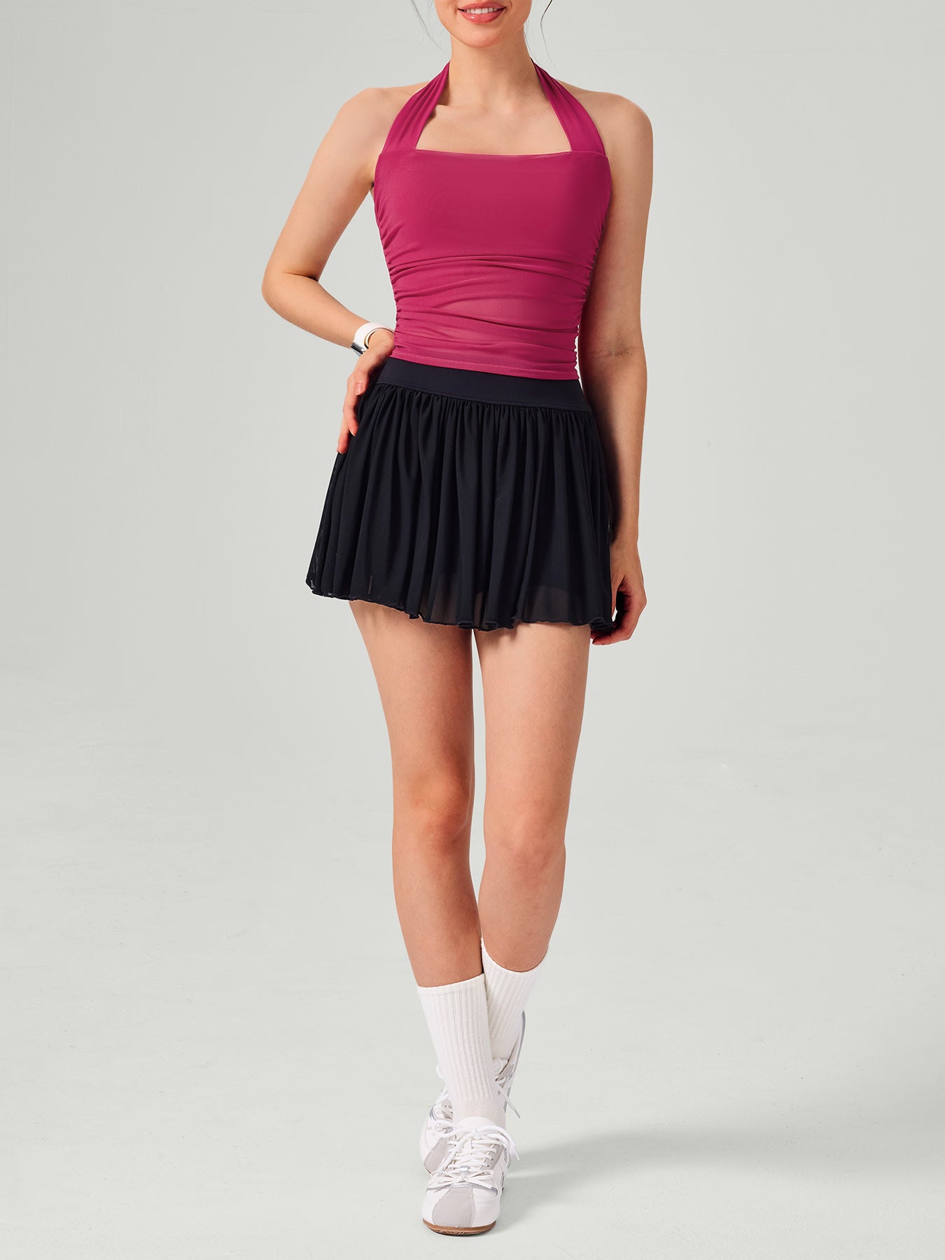 Red Halter Neck Ruched Mesh Crop Top