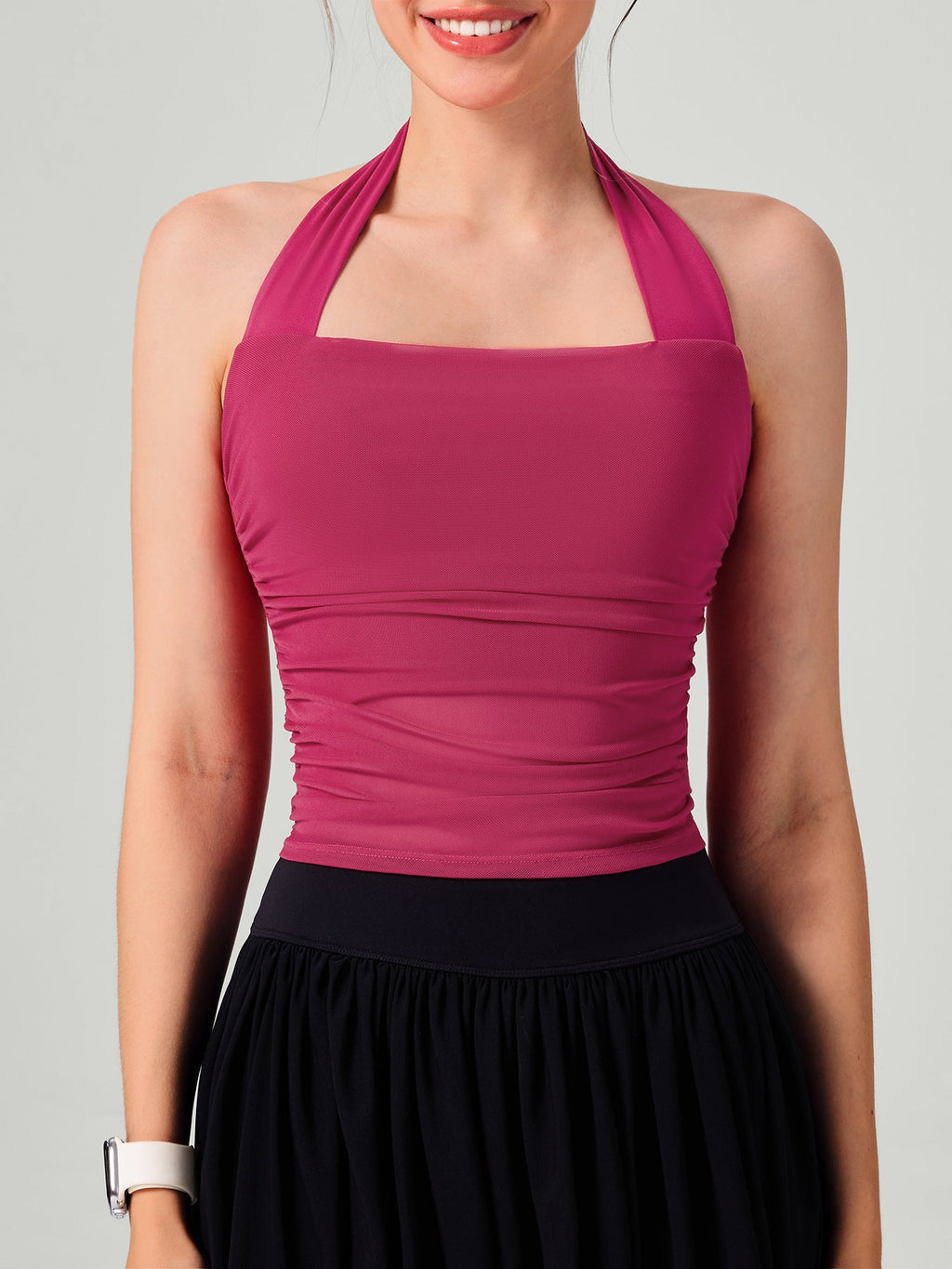 Red Halter Neck Ruched Mesh Crop Top