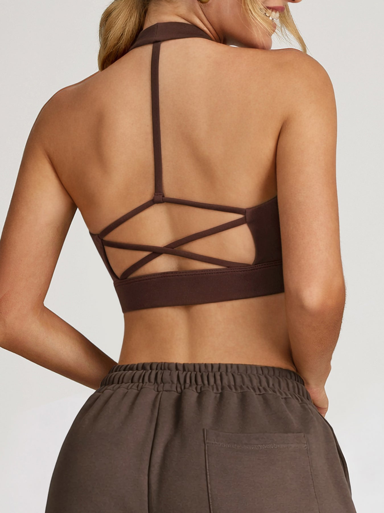 Brown Mesh X Cross Sports Bra - Light Support