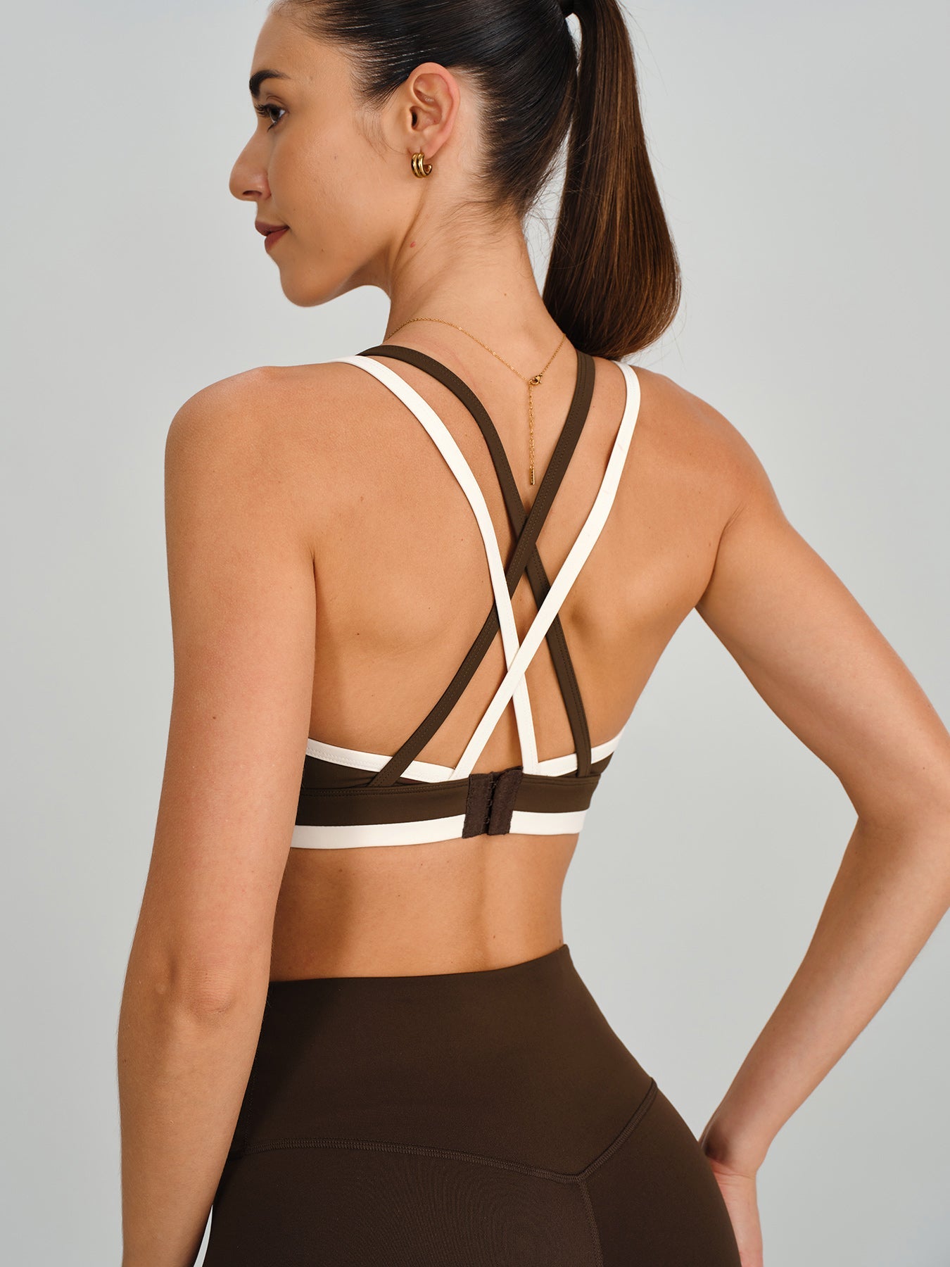 Coffee Contrast Trim Cross back Bra - Medium Support
