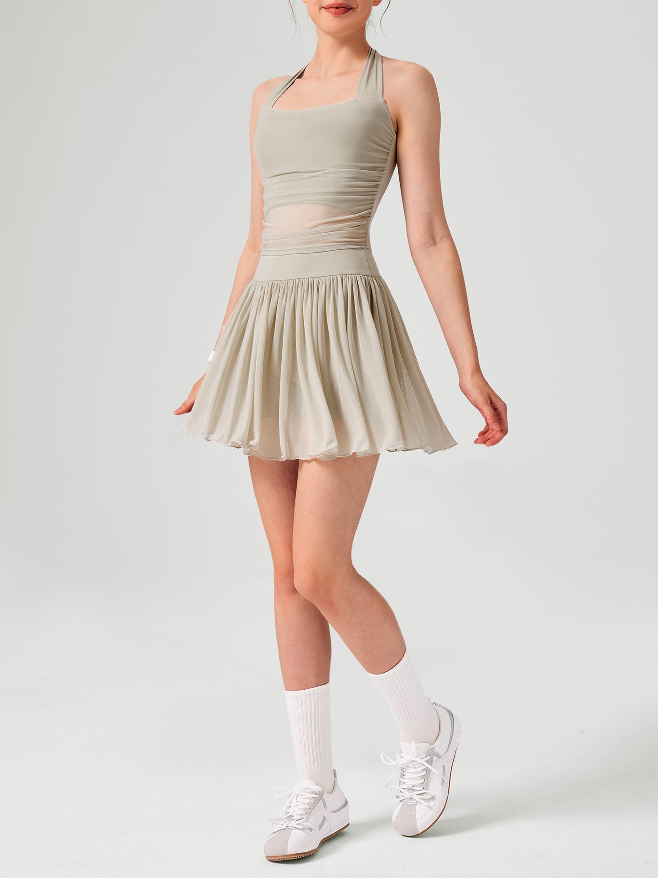 Apricot Halter Neck Ruched Mesh Crop Top