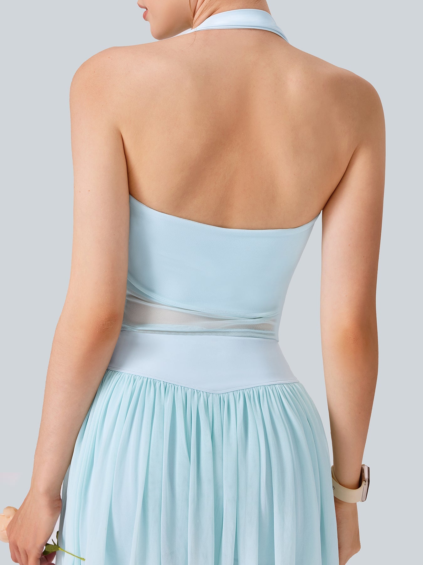 Blue Halter Neck Ruched Mesh Crop Top