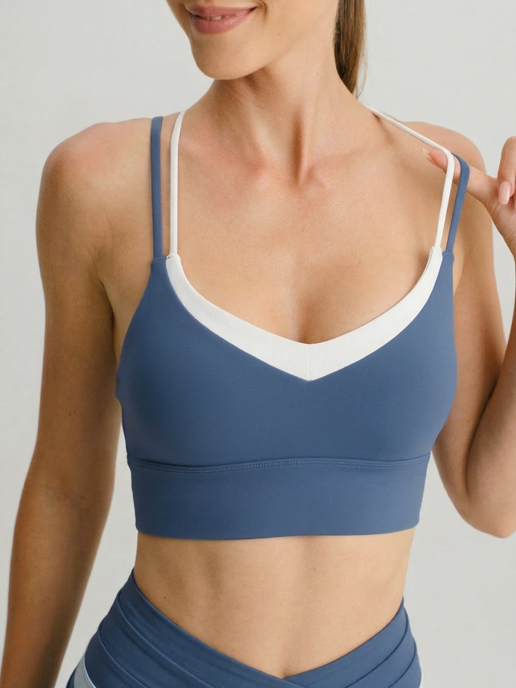 Blue Contrast V Neck Sports Bra- Light Support