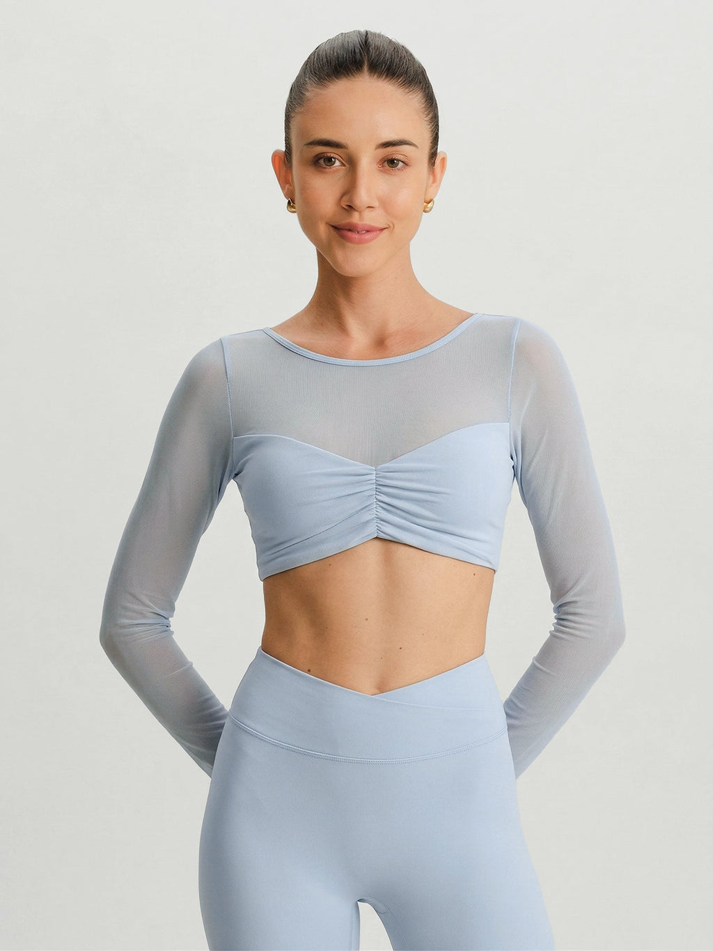 Light Blue Mesh Ruched Crop Long Sleeve Top