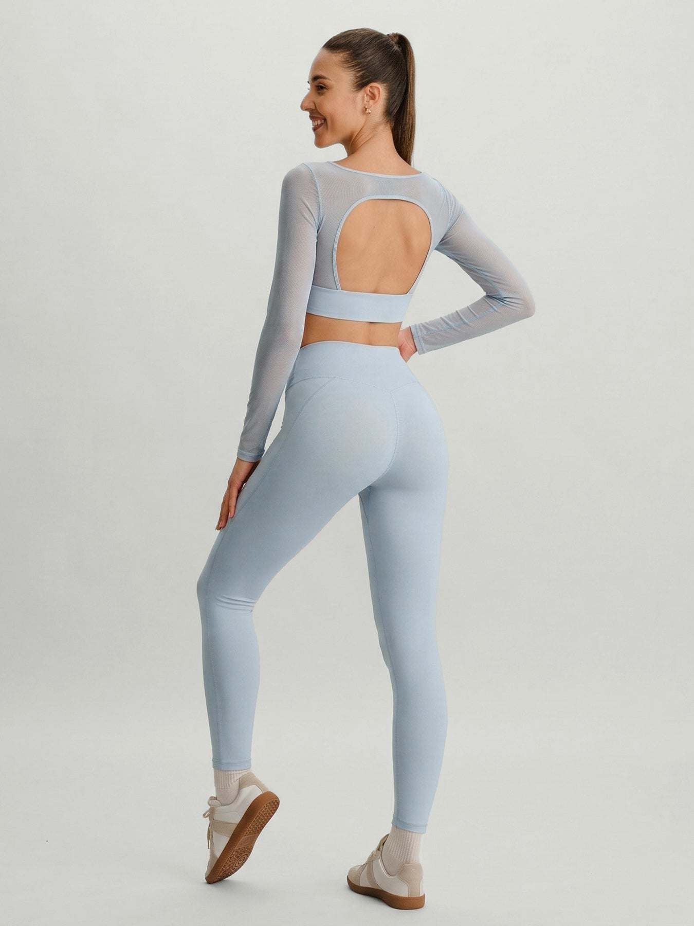 Light Blue Mesh Ruched Crop Long Sleeve Top