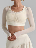 Cream Mesh Ruched Crop Long Sleeve Top