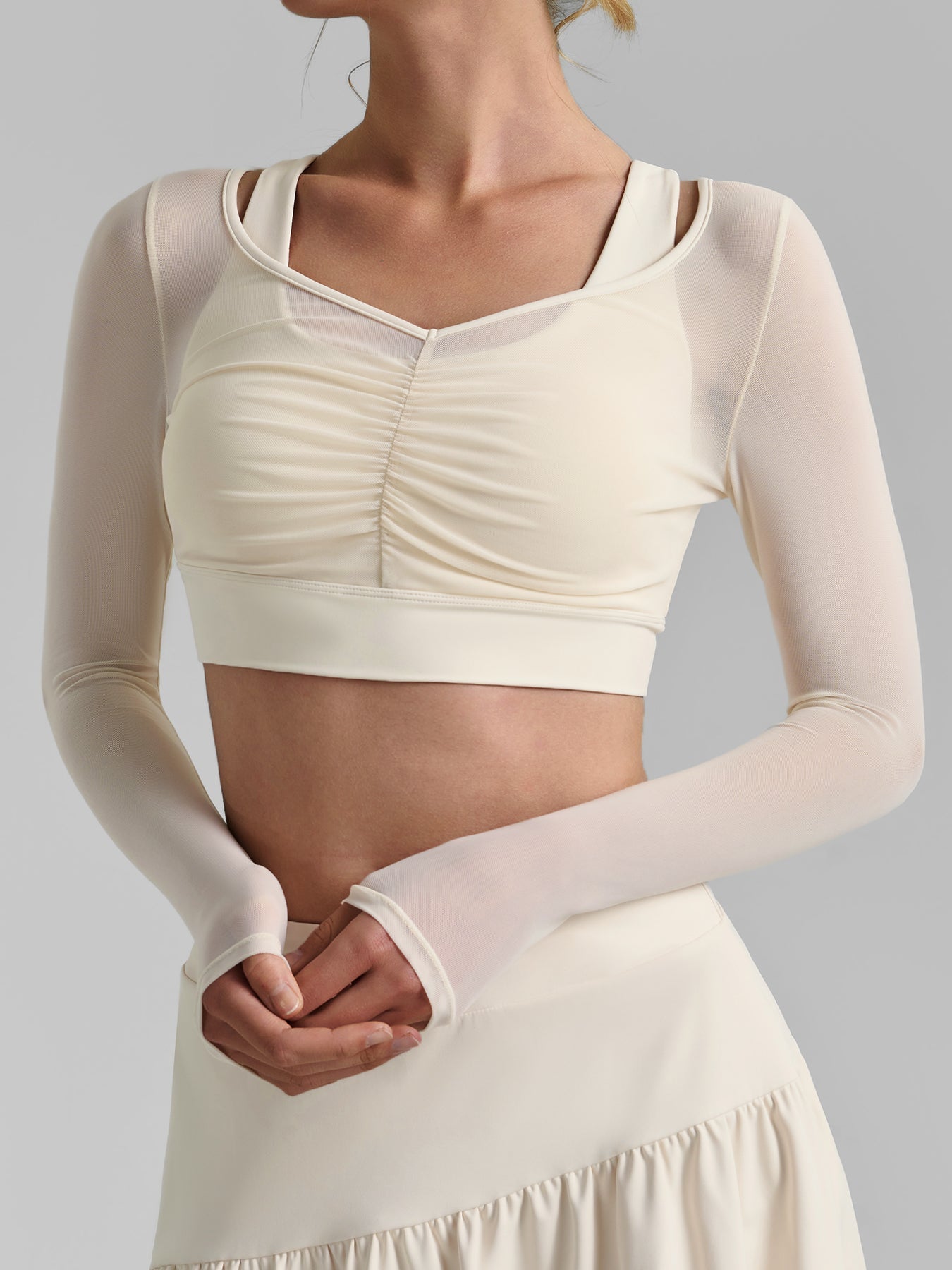 Cream Mesh Ruched Crop Long Sleeve Top