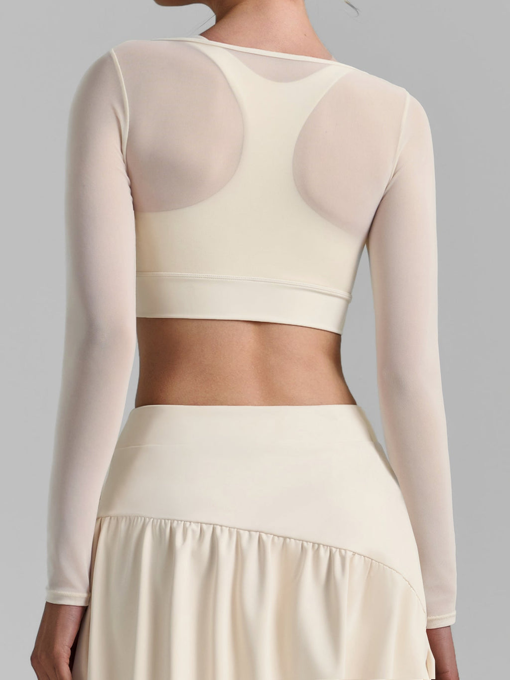 Cream Mesh Ruched Crop Long Sleeve Top