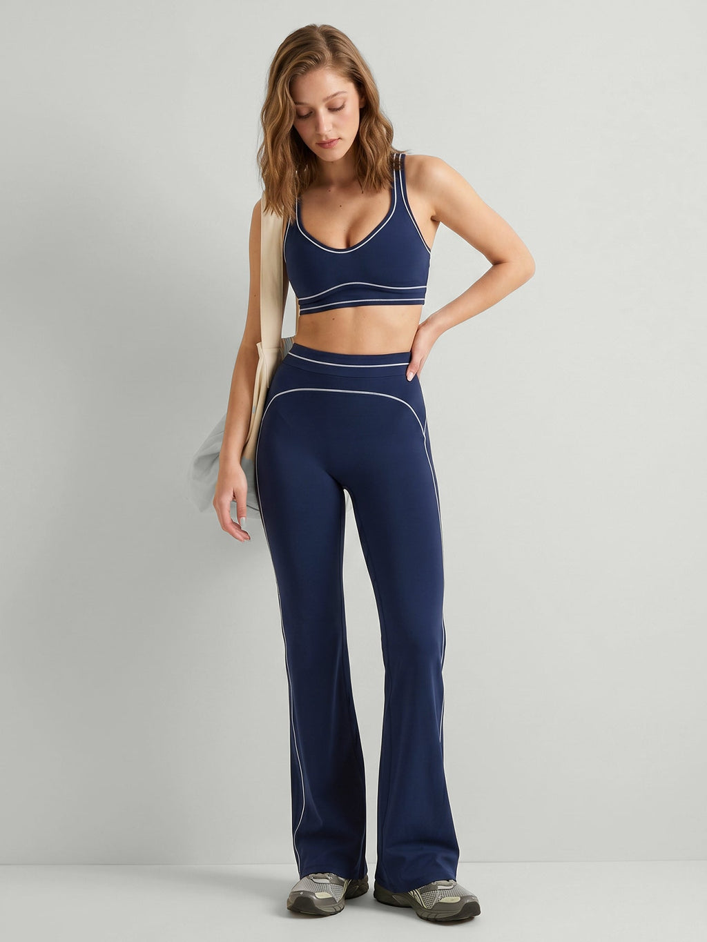 Navy Contrast Stitch High-Waisted Workout Pants
