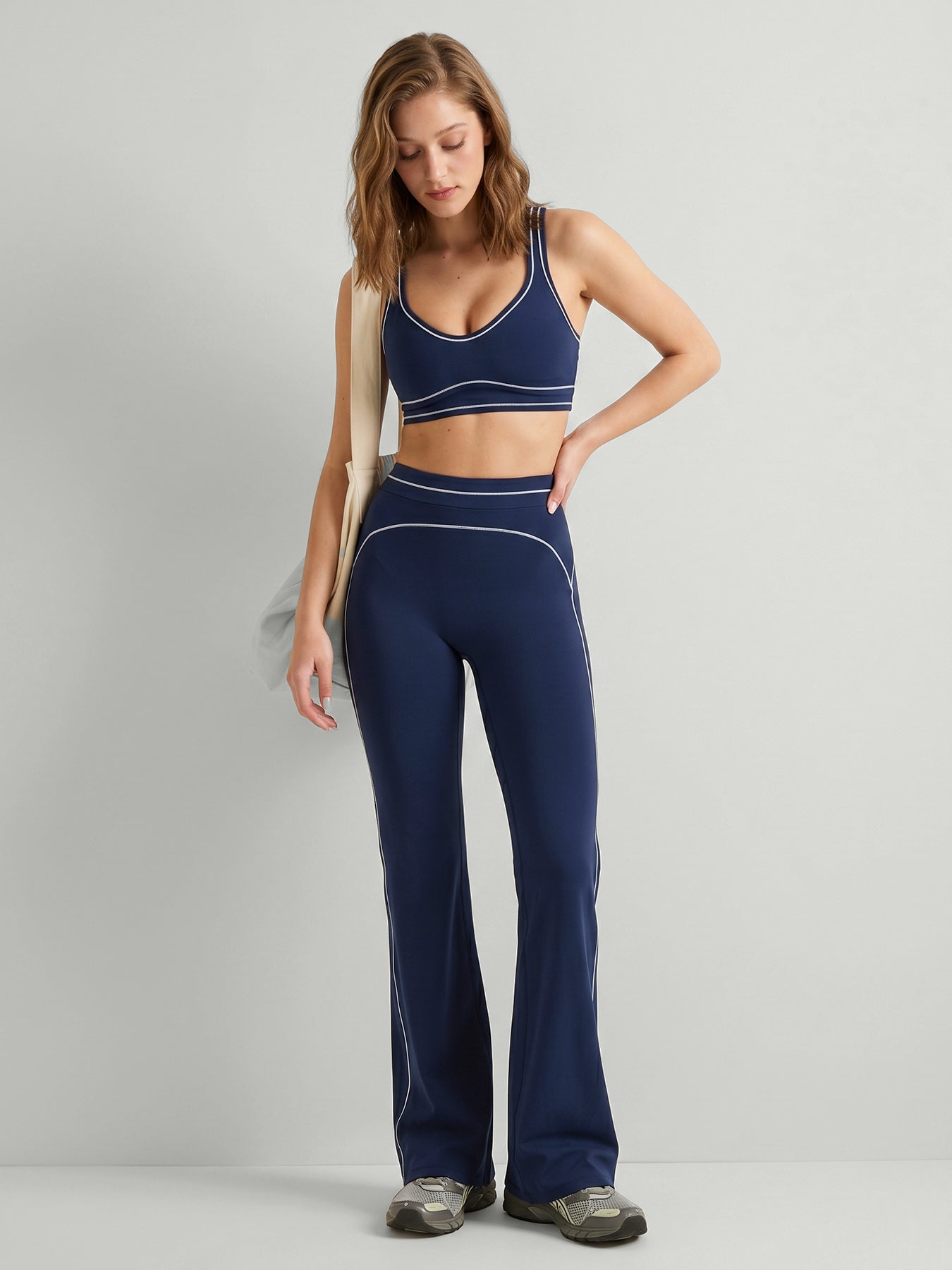 Navy Contrast Stitch High-Waisted Workout Pants