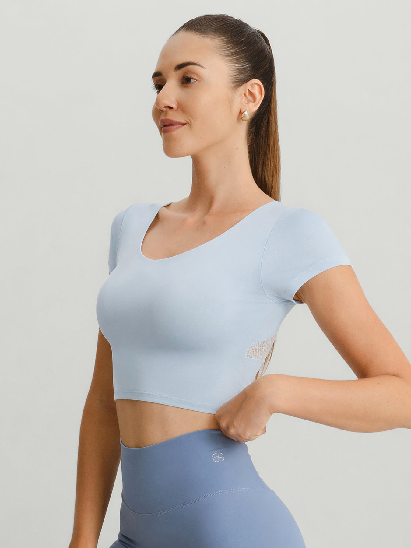 Light Blue Cross Mesh Back Short Sleeve Top-Light Support