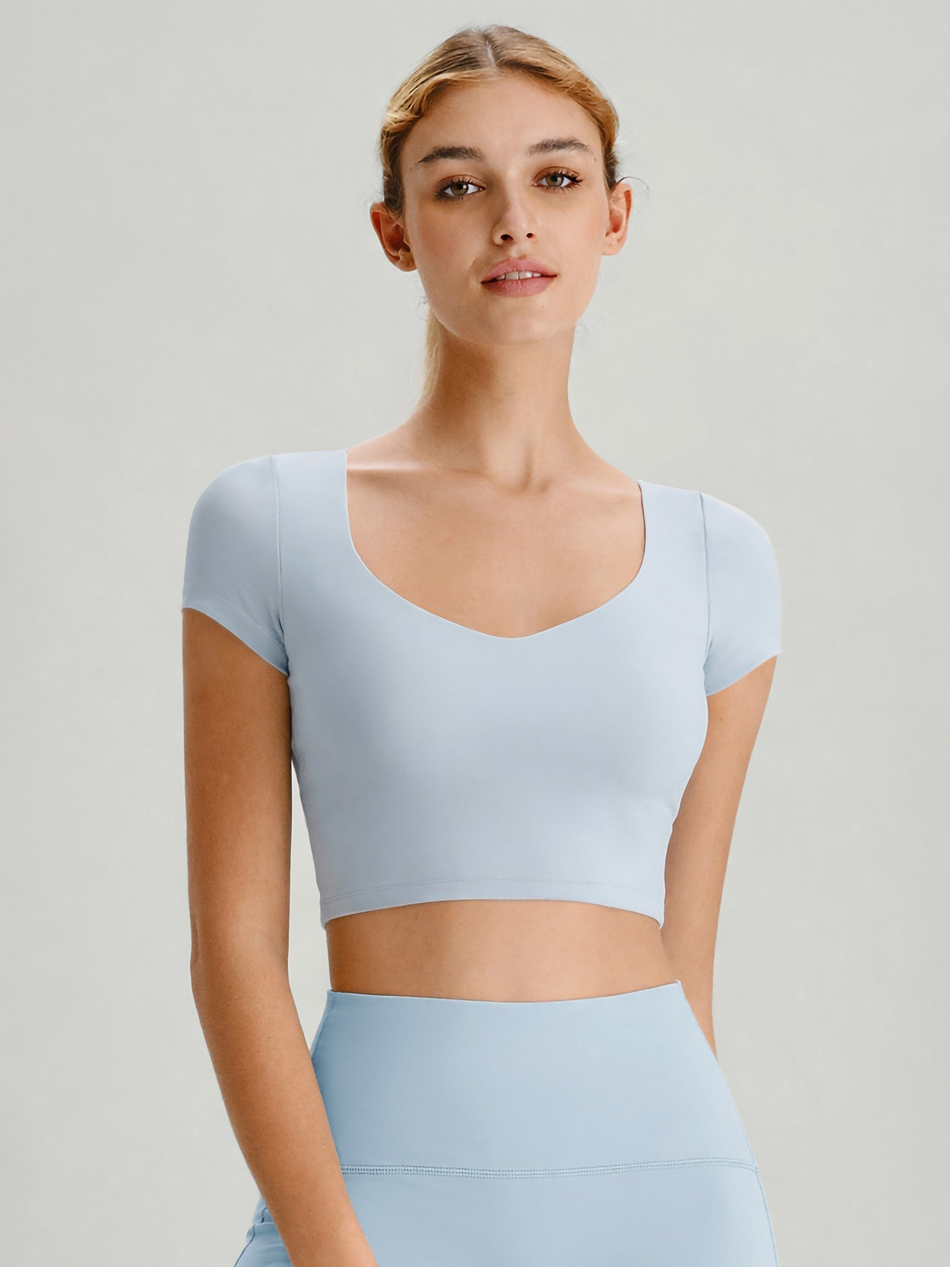 Light Blue Cross Mesh Back Short Sleeve Top-Light Support