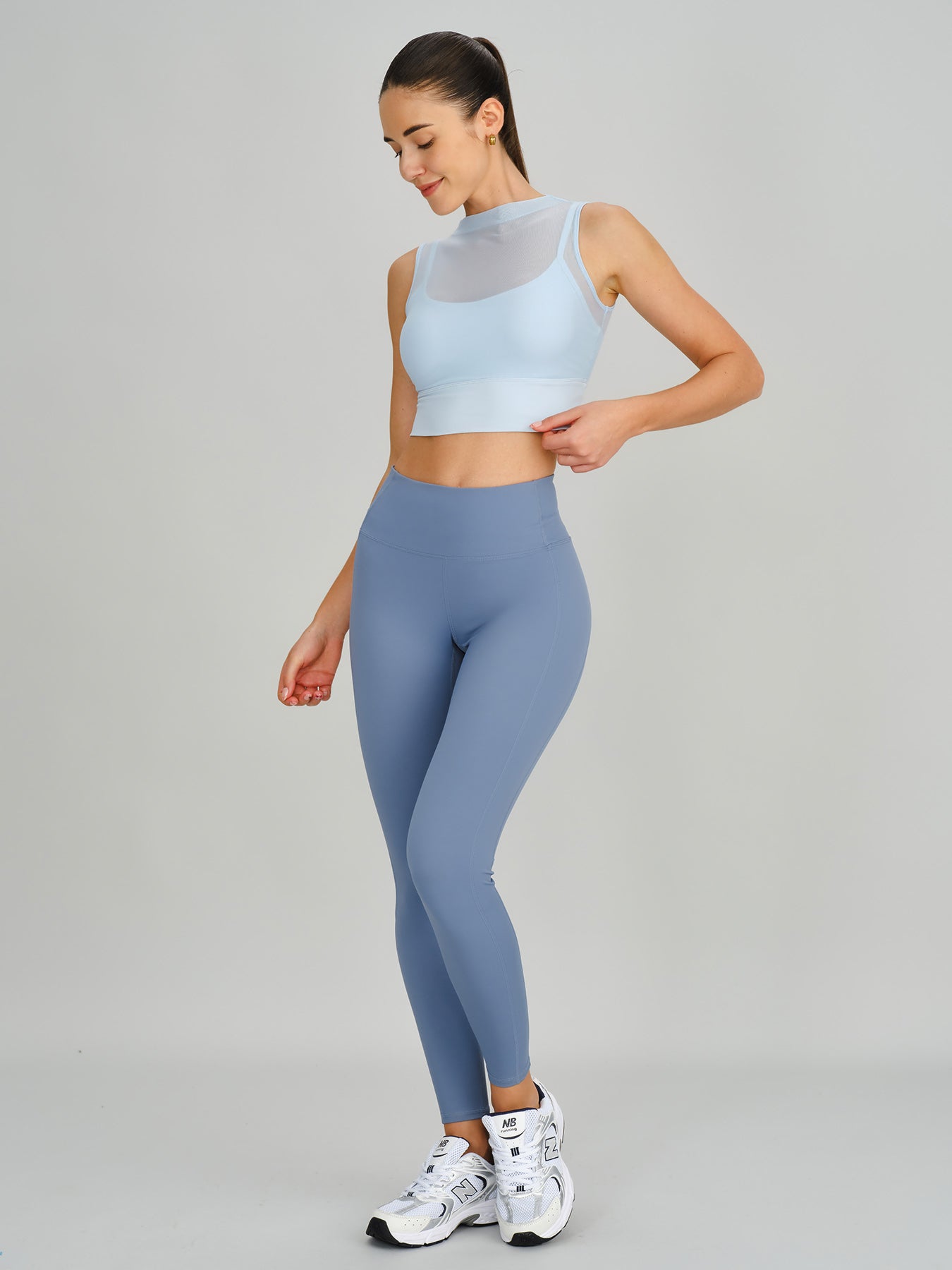 Light Blue Mesh Panel Mock Neck Tank Top