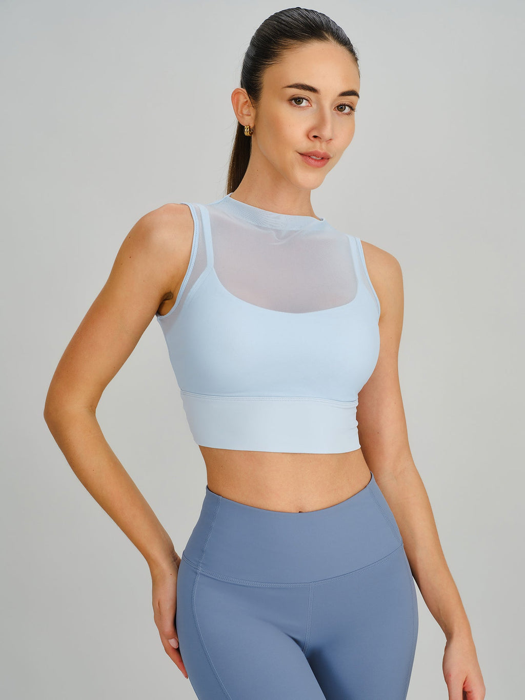 Light Blue Mesh Panel Mock Neck Tank Top