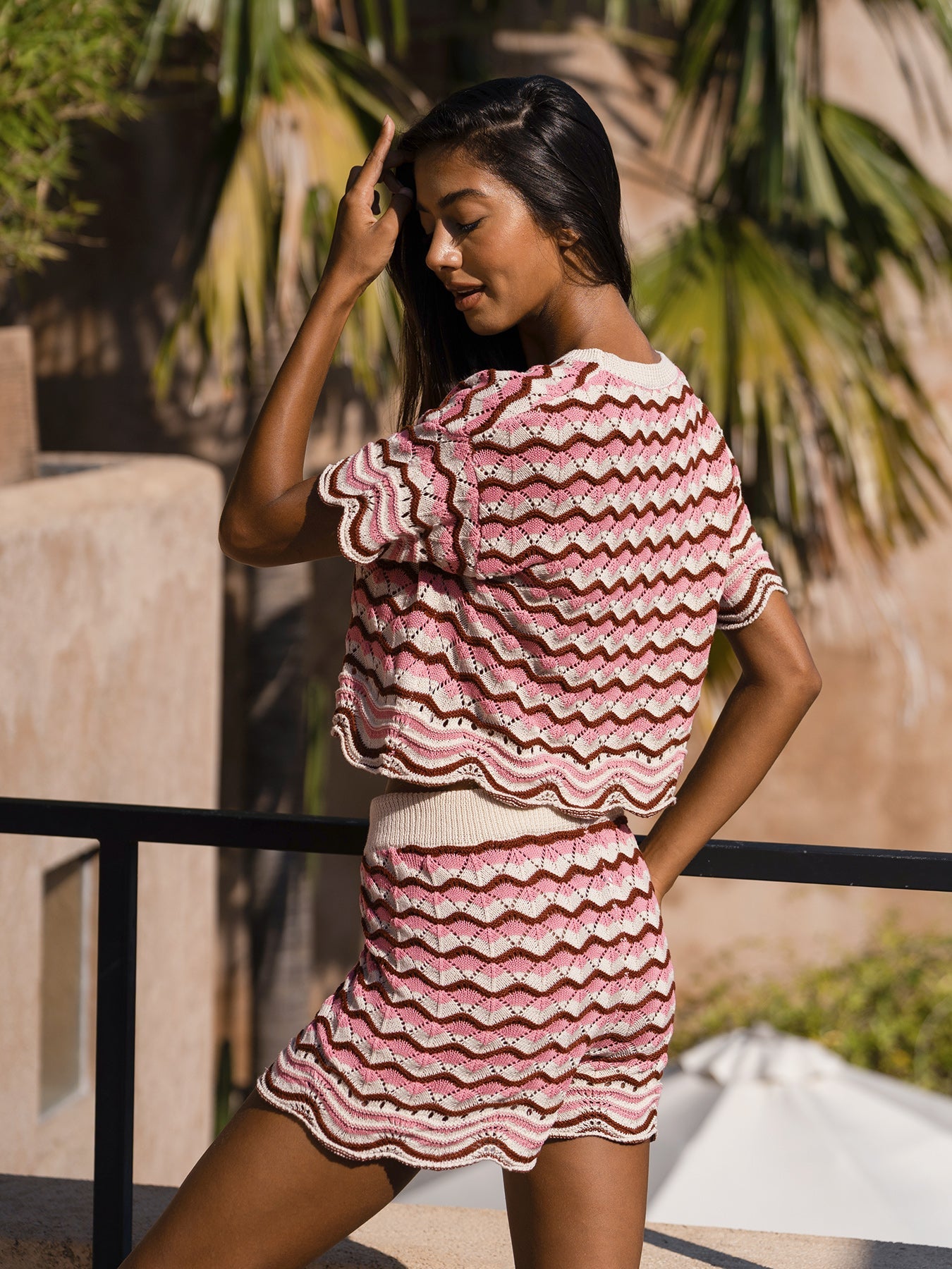 Pink Wave Crochet Short Sleeve Top