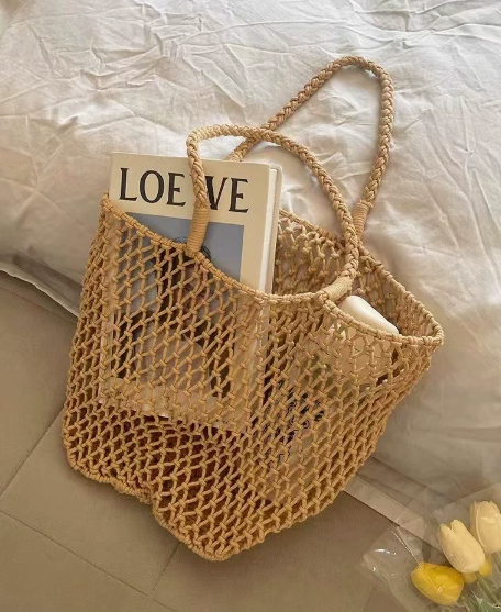 Khaki Knit Woven Mesh Tote Bag