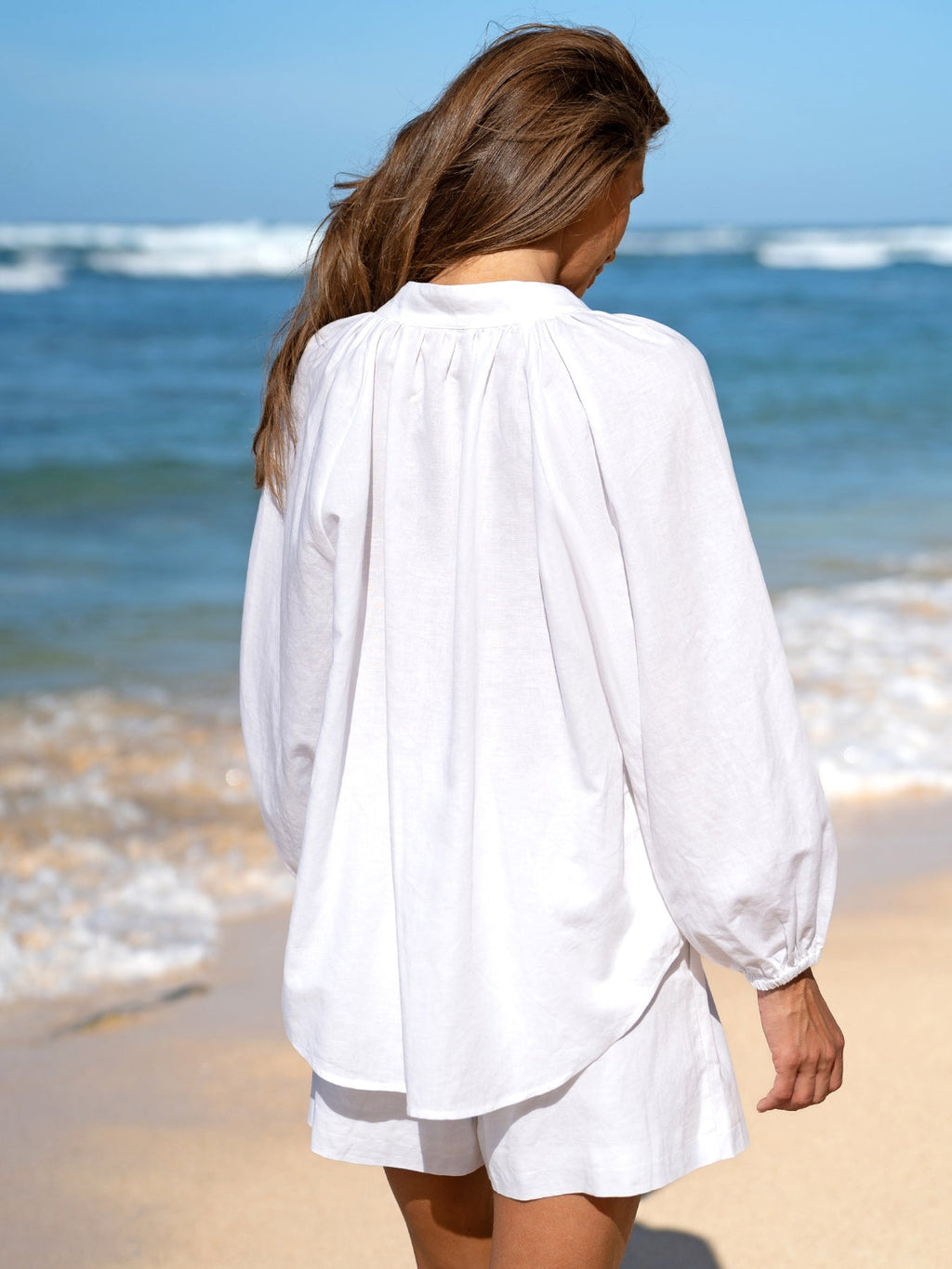 White Cotton-Linen Decorative Button Blouse