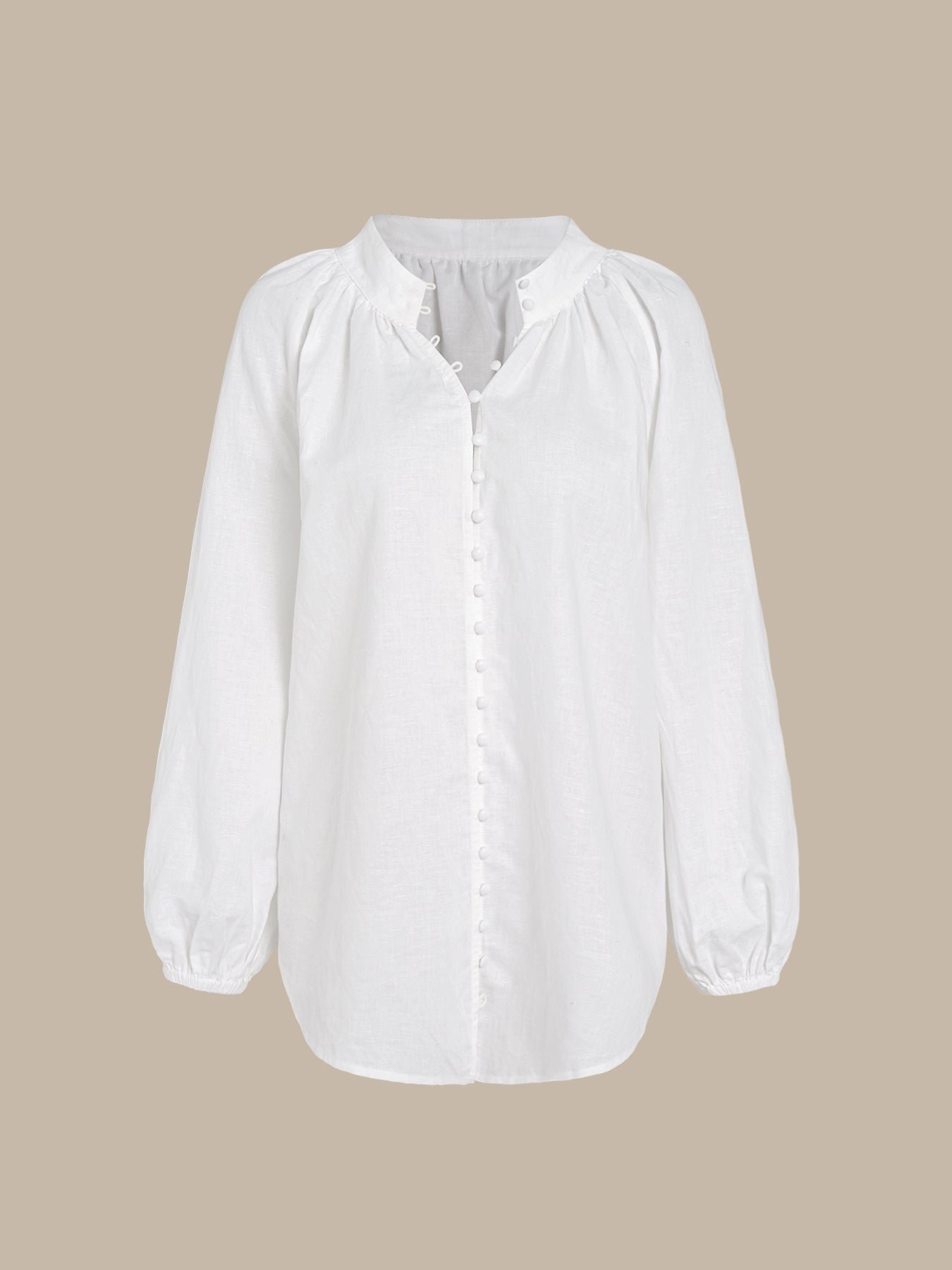 White Cotton-Linen Decorative Button Blouse