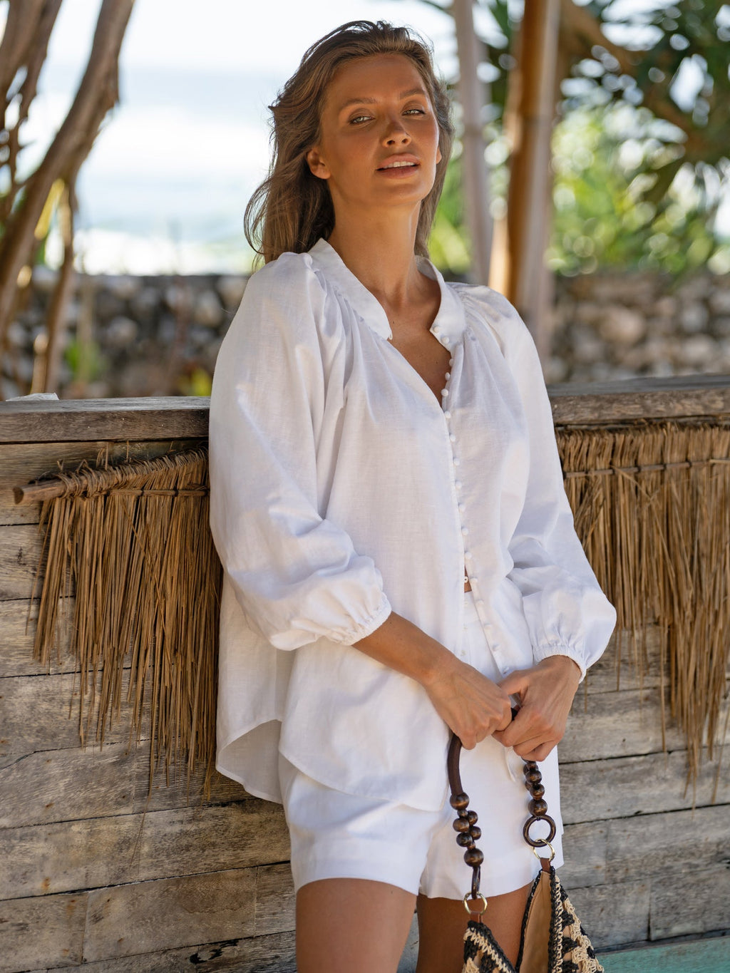White High-Waisted Pleated Cotton-Linen Shorts
