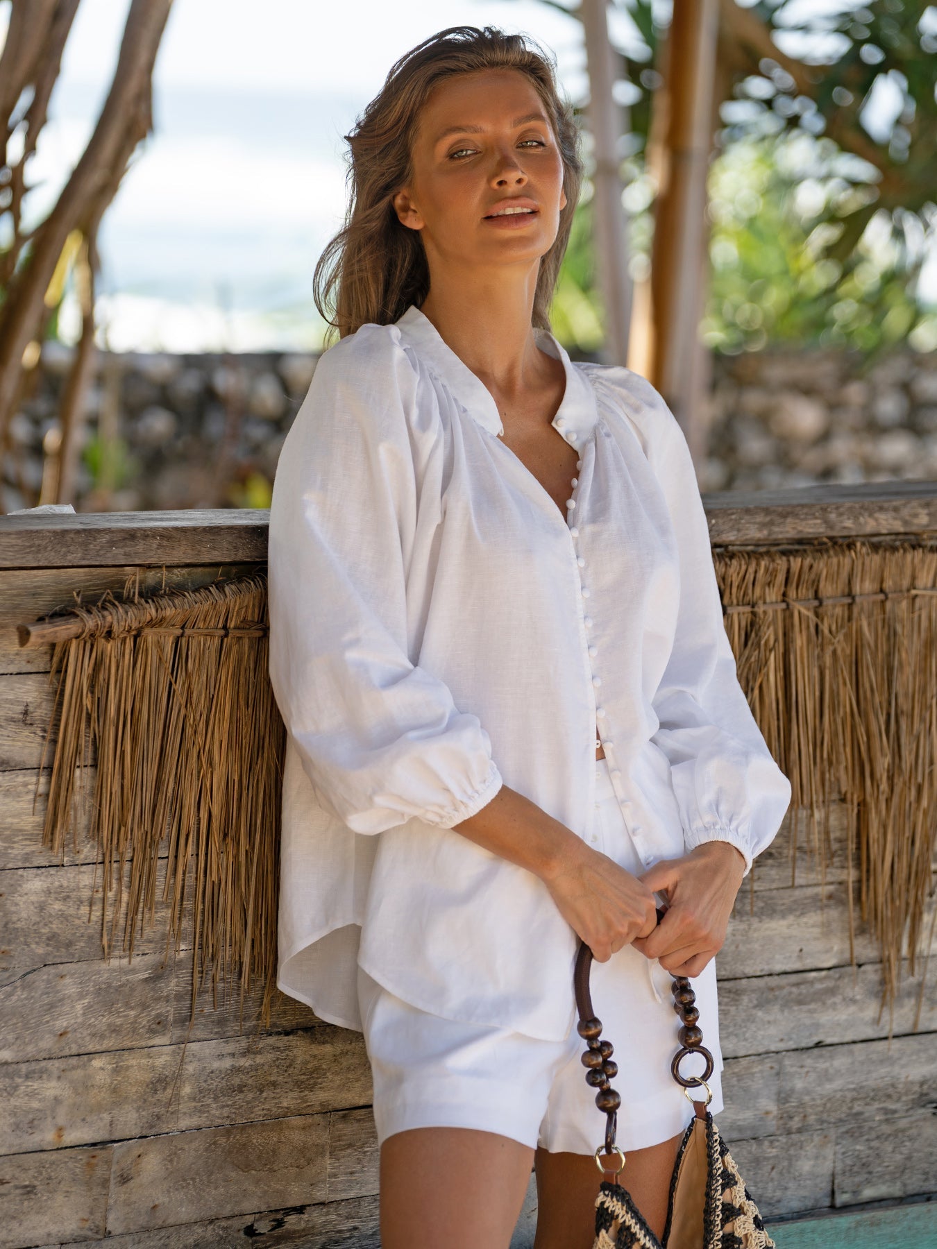 White High-Waisted Pleated Cotton-Linen Shorts