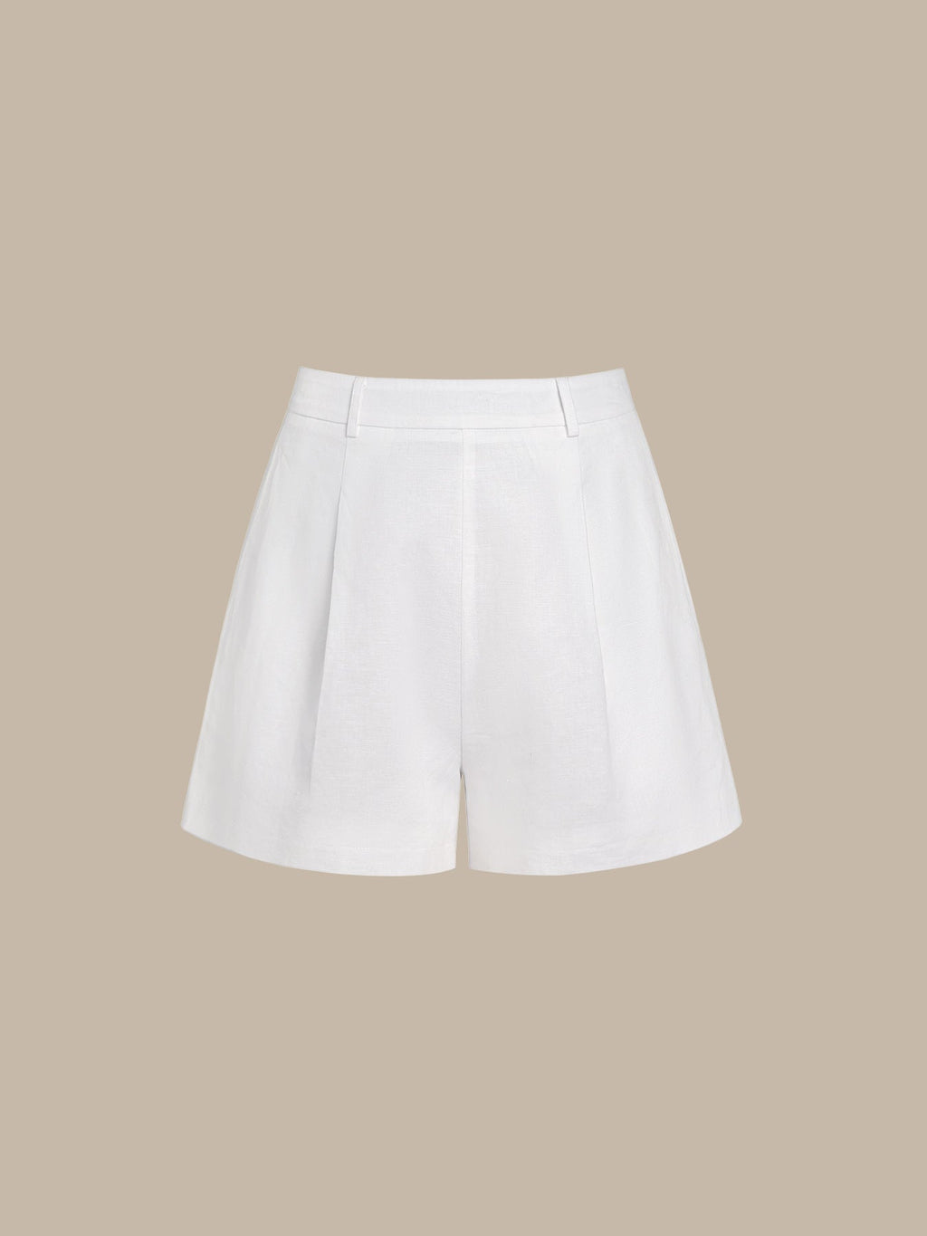 White High-Waisted Pleated Cotton-Linen Shorts