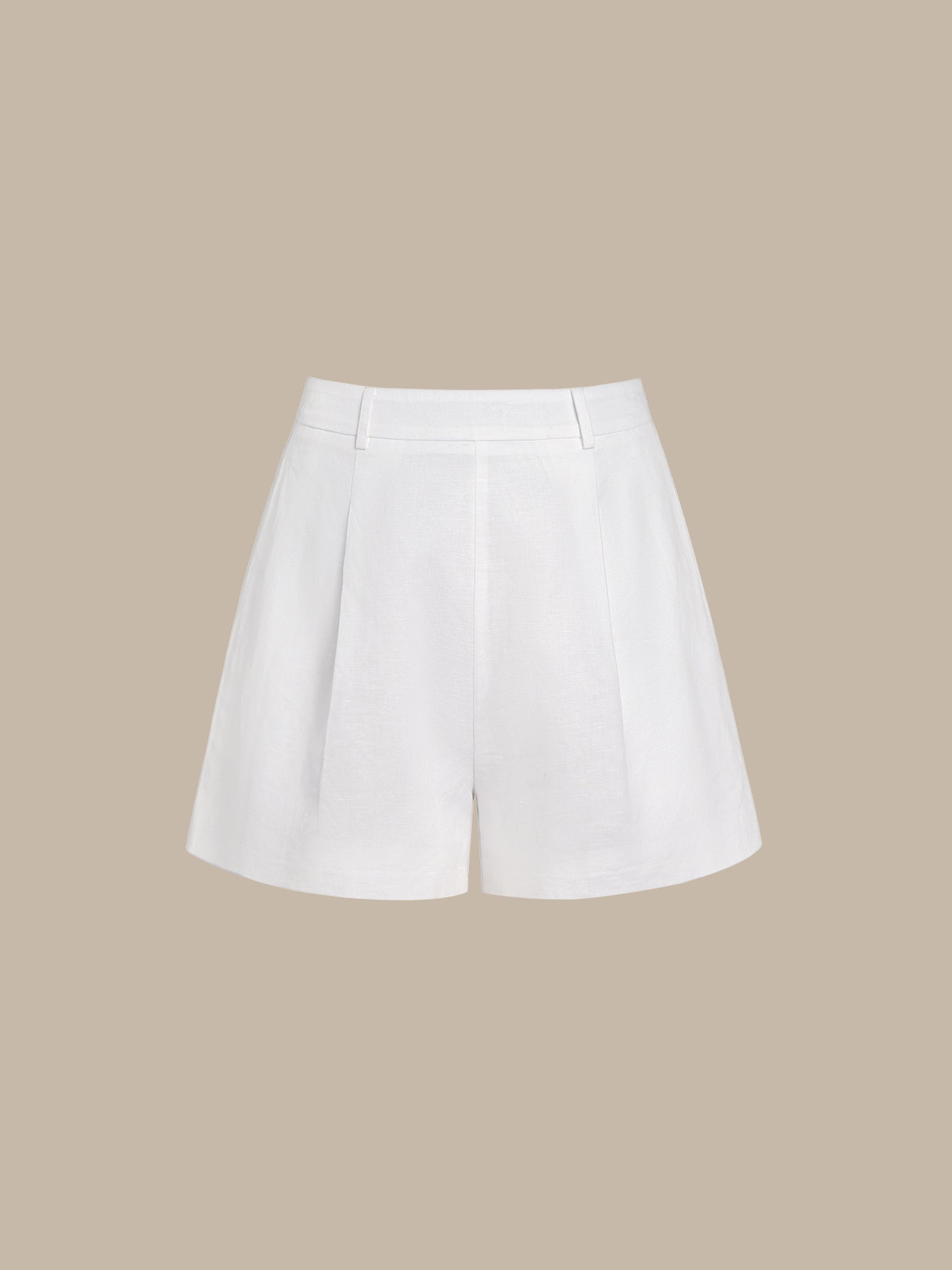 White High-Waisted Pleated Cotton-Linen Shorts