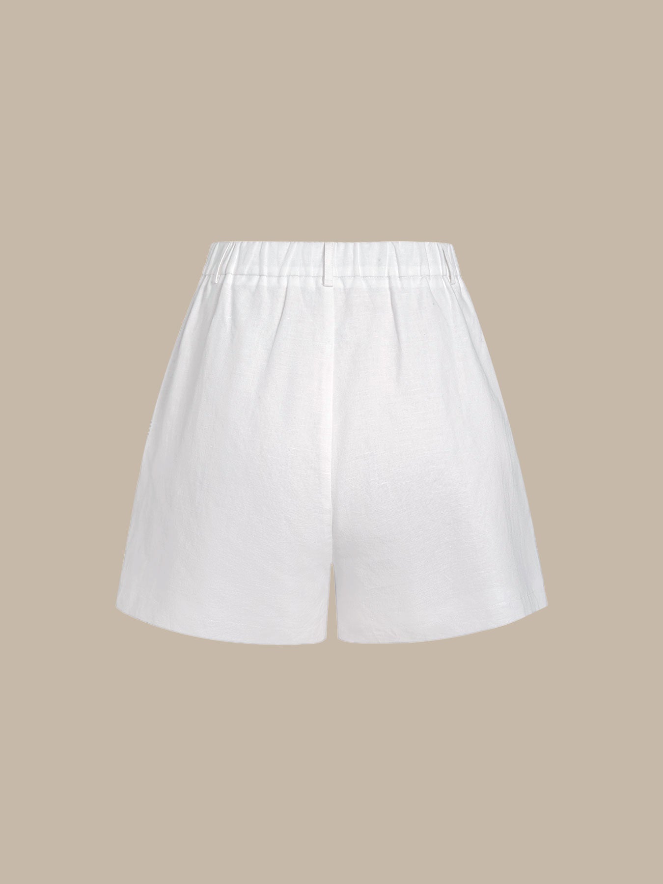 White High-Waisted Pleated Cotton-Linen Shorts