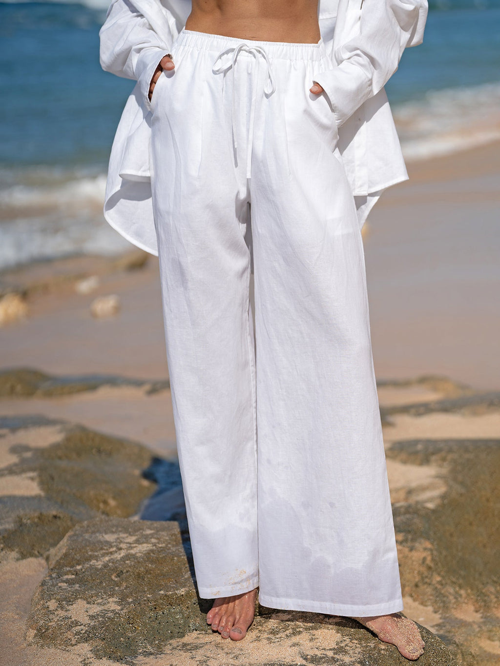 White Cotton-Linen Wide-Leg Cover-Up Pants