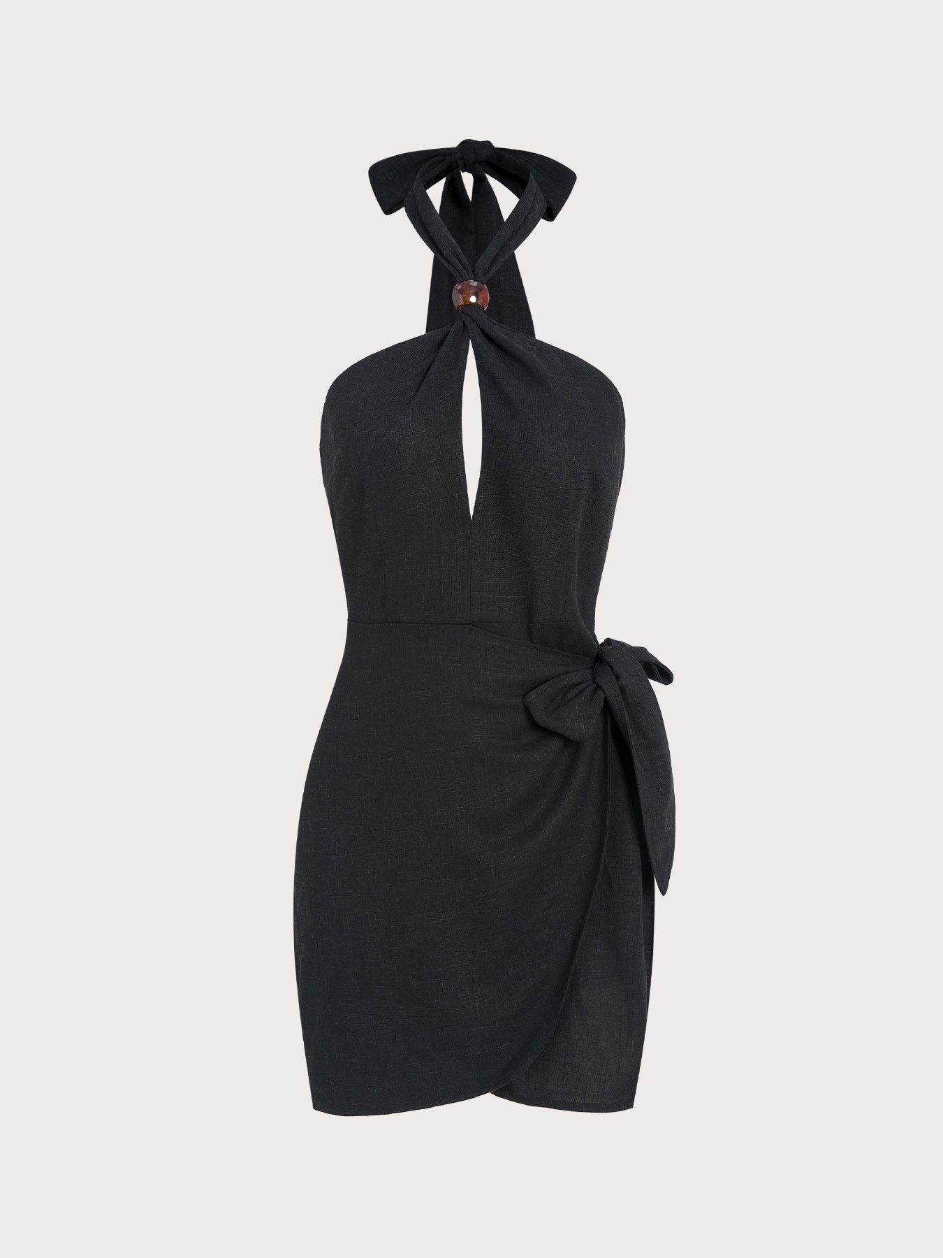 Black Halter Tortoise Accent Cutout Wrap Dress