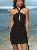 Black Halter Tortoise Accent Cutout Wrap Dress