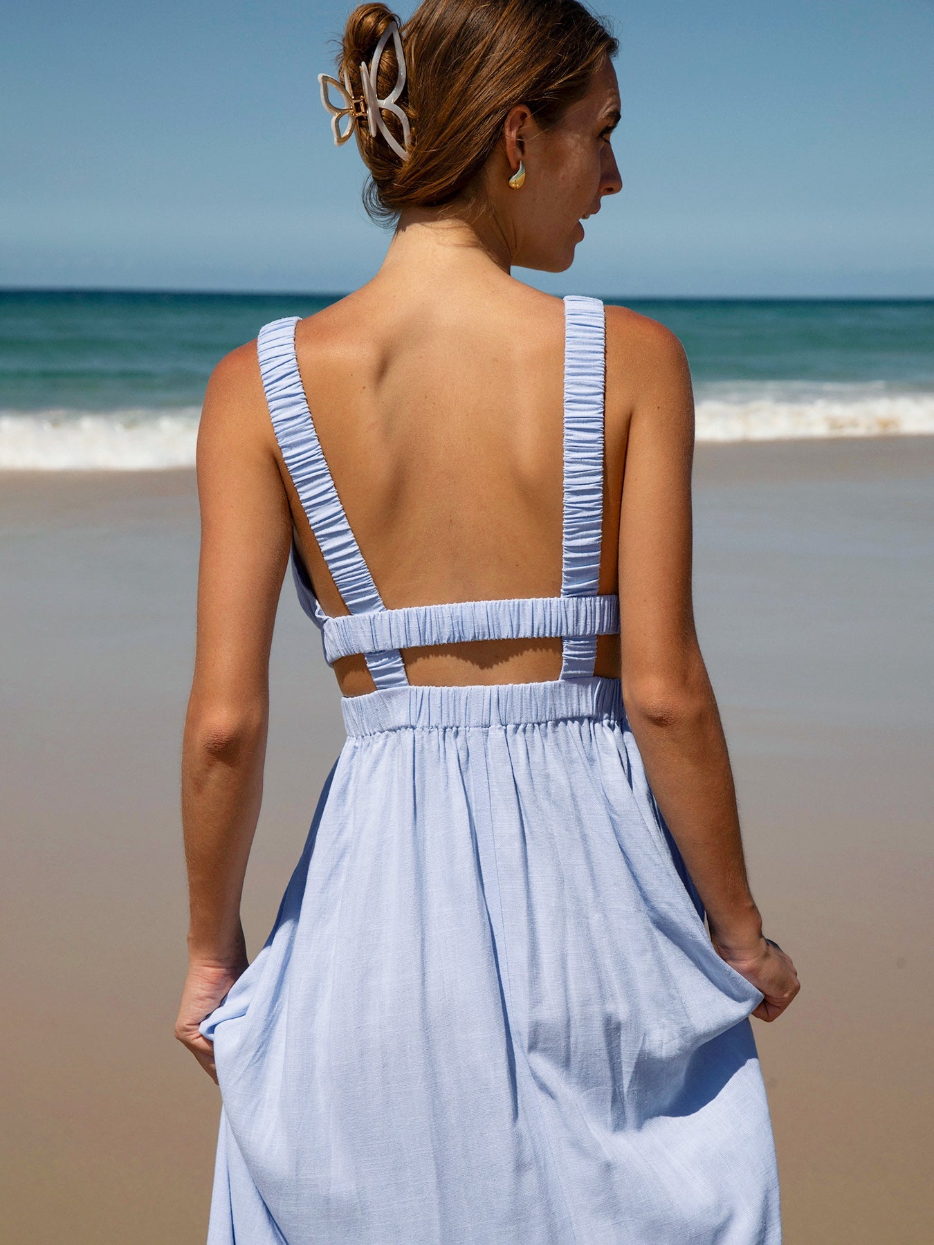 Pale Blue Smocked Strap Cutout Waist Beach Dress