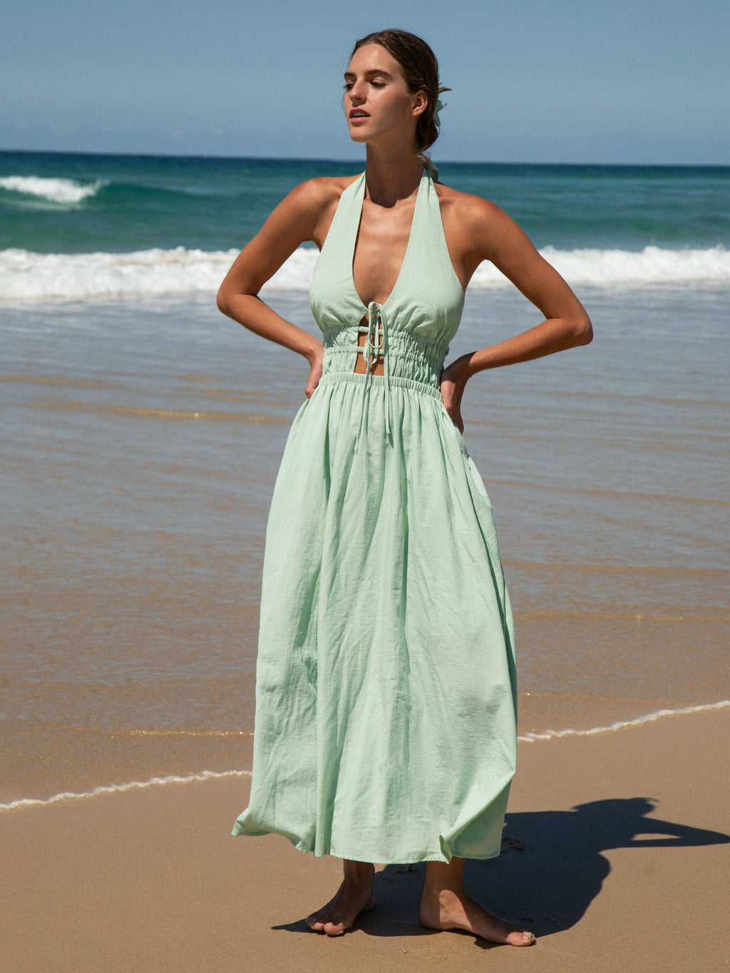 Light Green Cutout Halter Maxi Beach Dress
