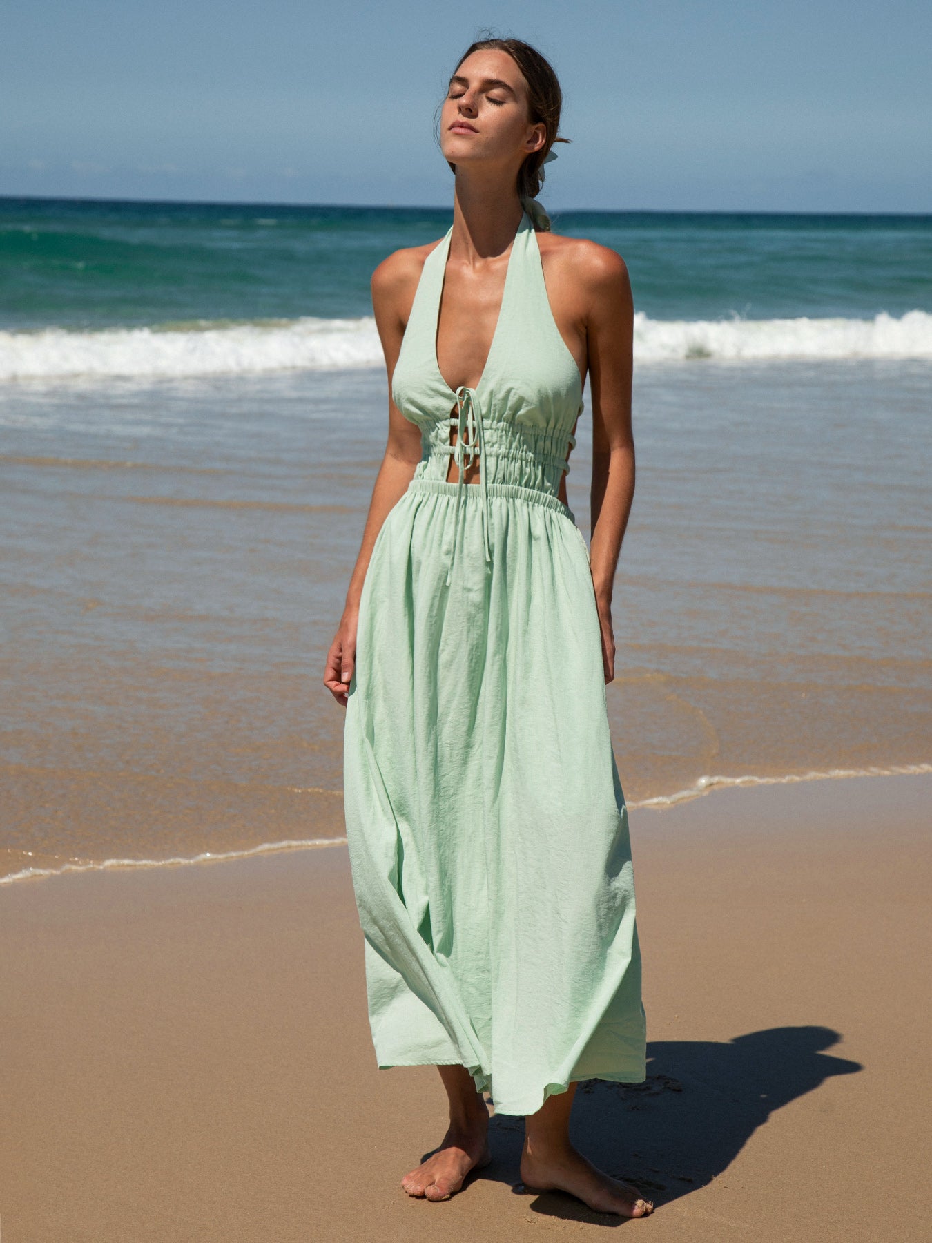 Light Green Cutout Halter Maxi Beach Dress