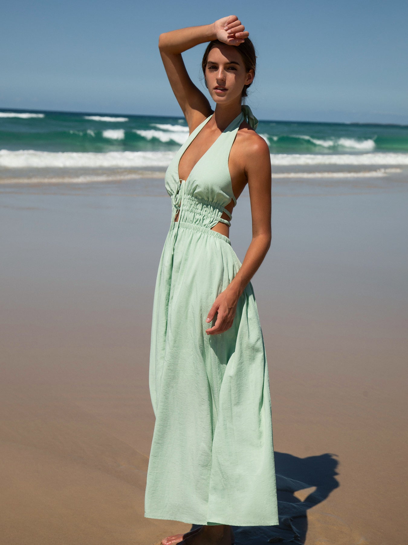 Light Green Cutout Halter Maxi Beach Dress