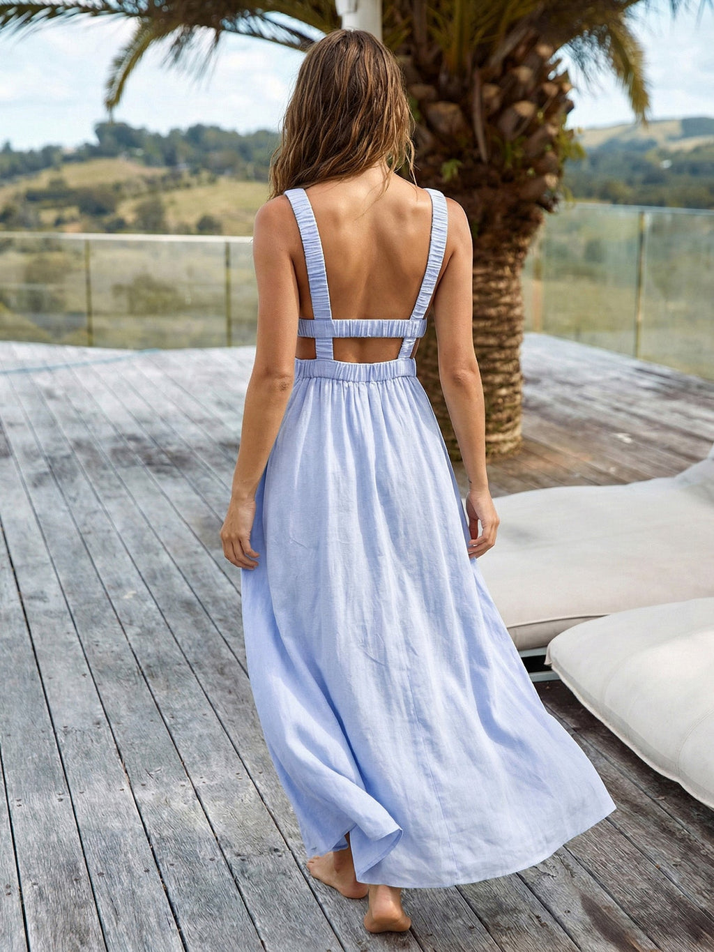 Pale Blue Smocked Strap Cutout Waist Beach Dress