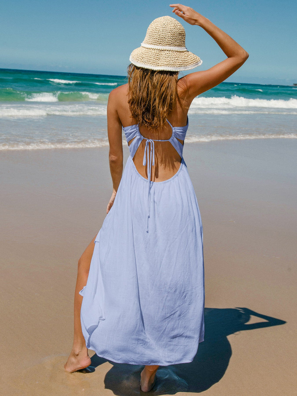 Blue Crisscross Halter Cutout Beach Dress