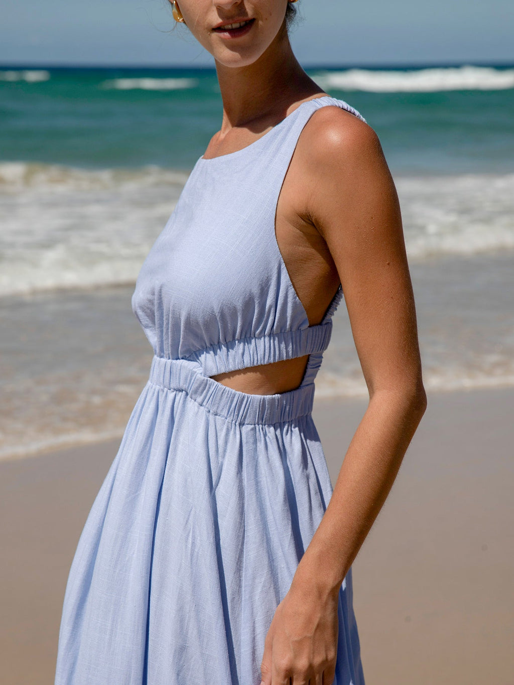 Pale Blue Smocked Strap Cutout Waist Beach Dress