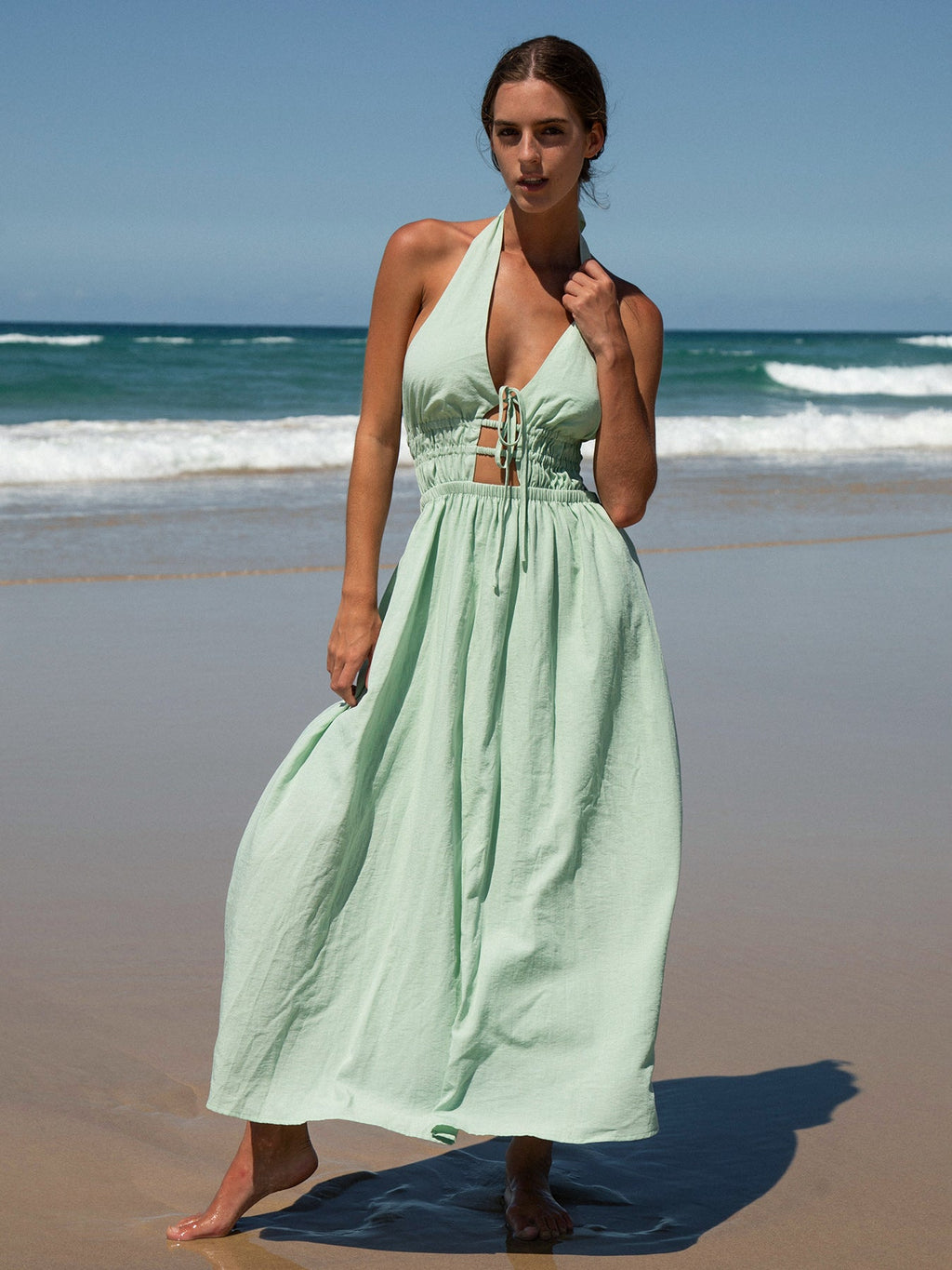Light Green Cutout Halter Maxi Beach Dress
