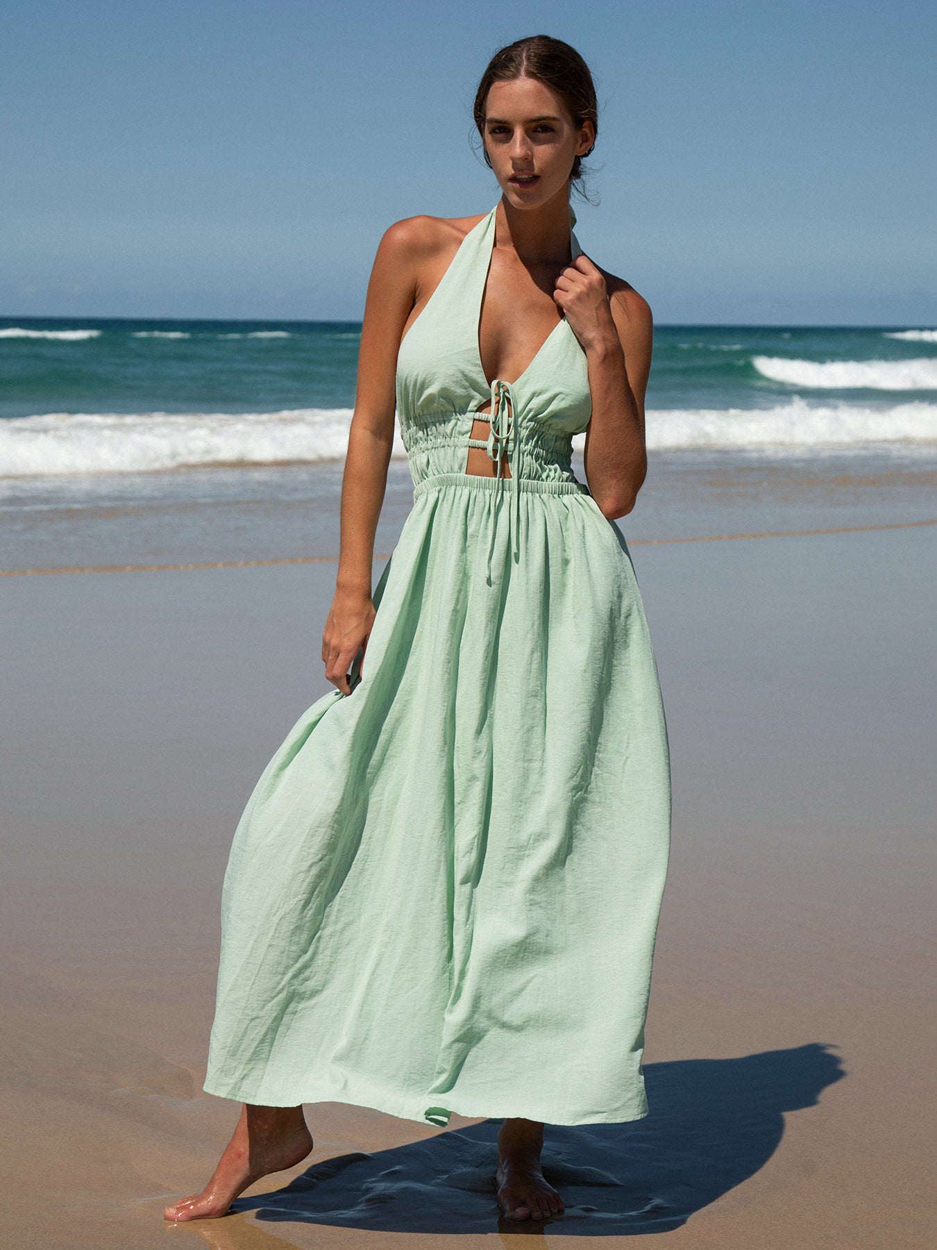Light Green Cutout Halter Maxi Beach Dress