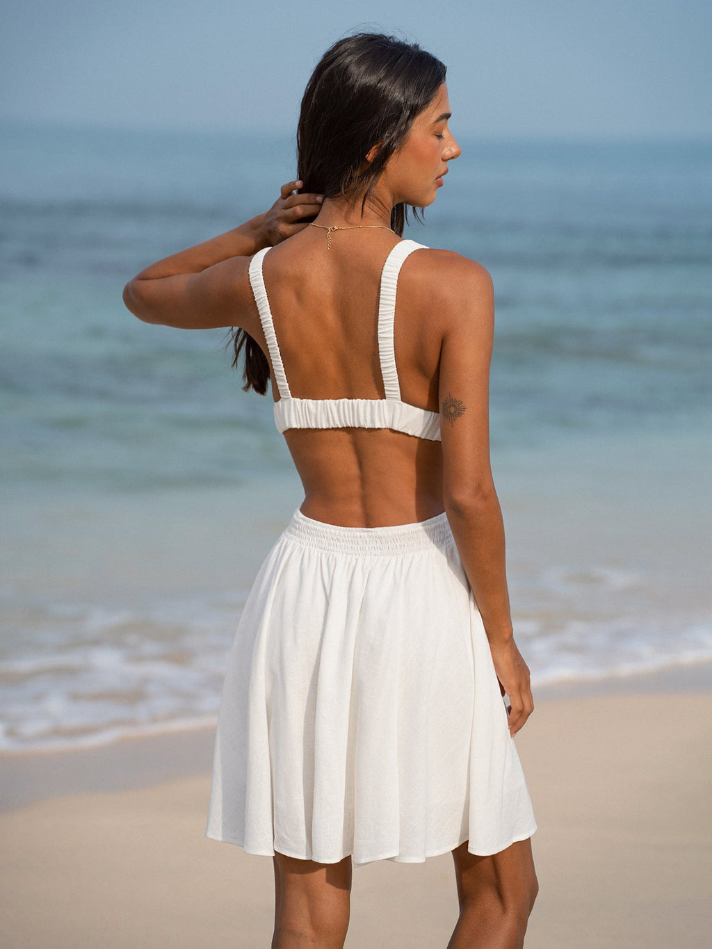White Plunging Ruched Beach Dress