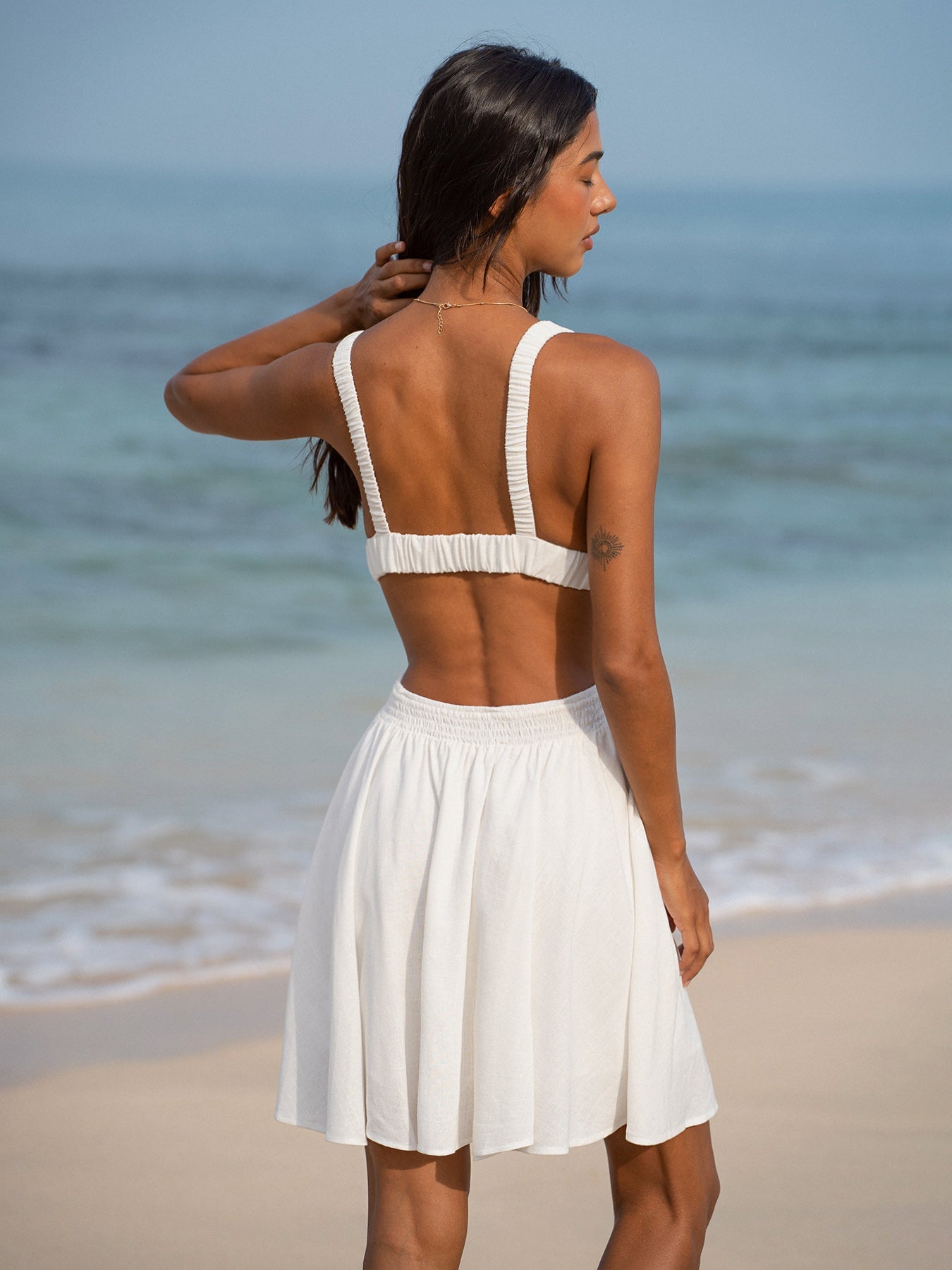 White Plunging Ruched Beach Dress