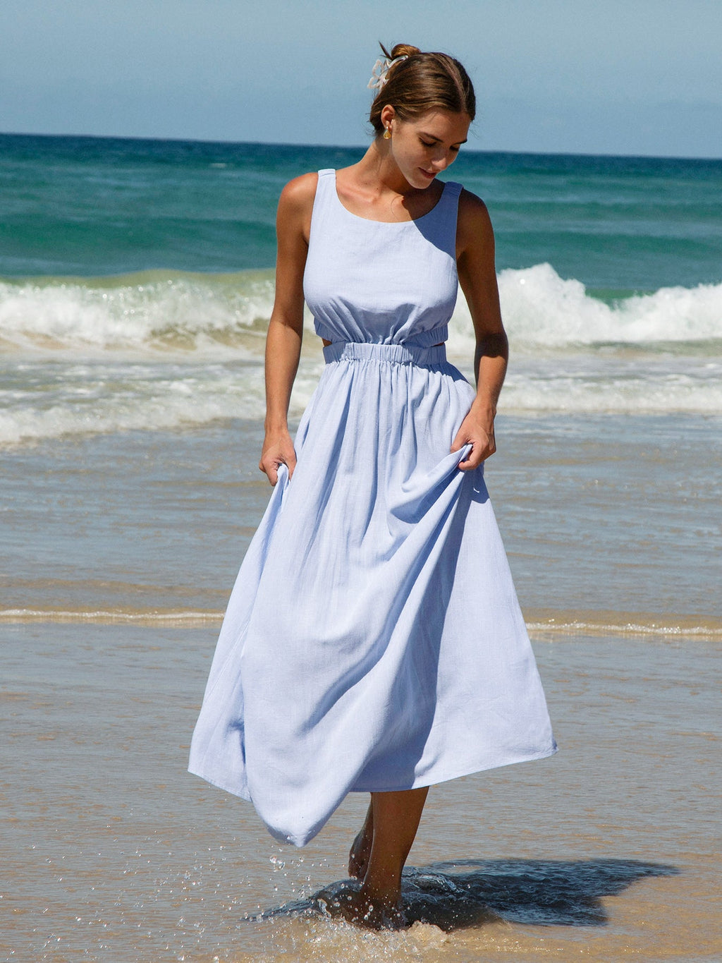 Pale Blue Smocked Strap Cutout Waist Beach Dress