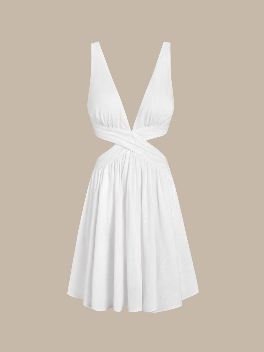 White Plunging Ruched Beach Dress