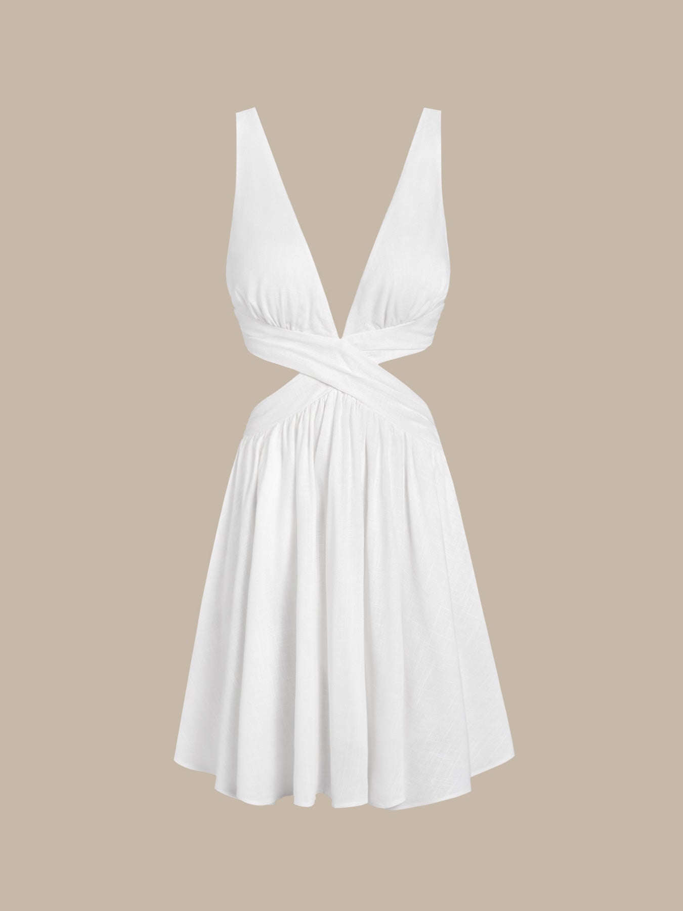 White Plunging Ruched Beach Dress